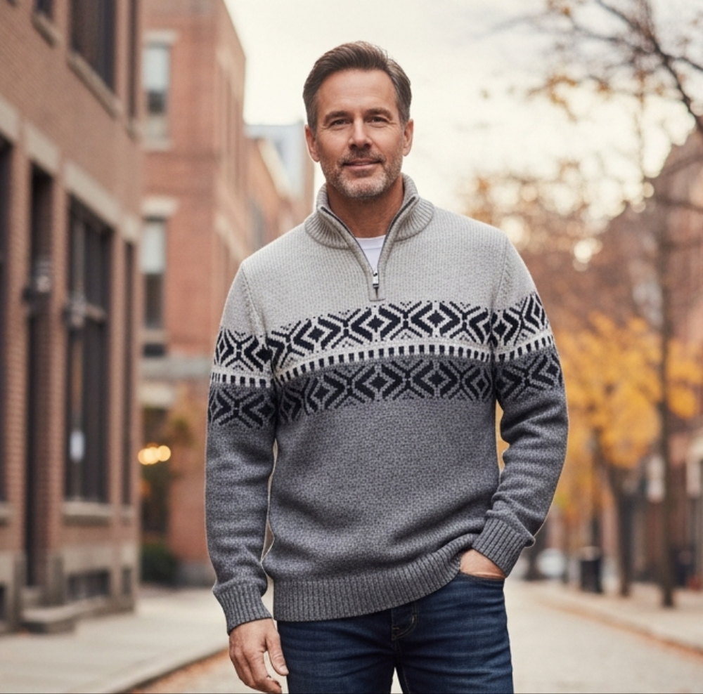Garret Scott Nordic Fair Isle Sweater Wool Blend Knit 1/4 Zip Gray Blue Medium - Picture 11 of 11